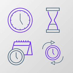 Set line Clock with arrow, Calendar and clock, Old hourglass sand and icon. Vector
