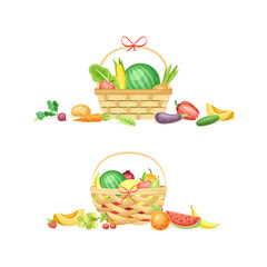 Wicker baskets full of fresh vegetables set. Fresh organic healthy food border vector illustration