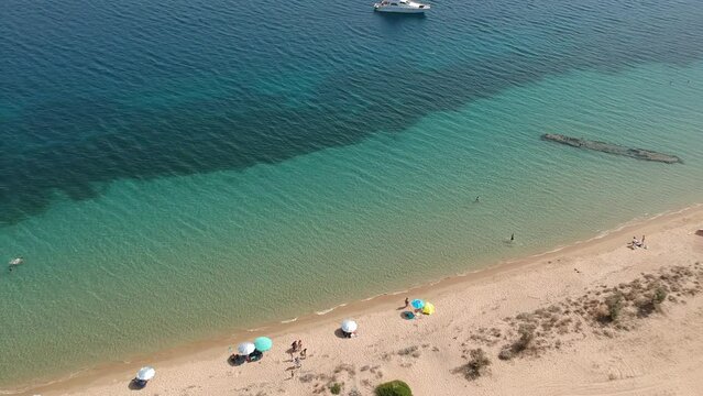 Panoramic aerial view over the shipwreck in Divari beach near Navarino bay, Gialova. It is one of the best beaches in mediterranean Europe located in Messinia, Greece