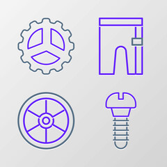 Set line Metallic screw, Bicycle wheel, Cycling shorts and sprocket crank icon. Vector