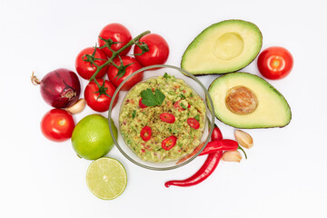 Healthy vegetarian organic guacamole Mexican dip sauce and recipe ingredients isolated on white background