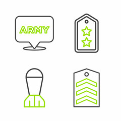 Set line Chevron, Aviation bomb, Military rank and army icon. Vector