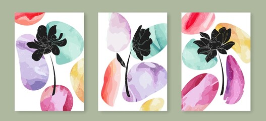 Botanical Wall Art Set with Flowers and Organic Shapes. Modern Foliage Line Art Drawing. Abstract Creative Wall Art Design for Print, Poster, Cover. Minimalist Boho Poster Set. Vector 