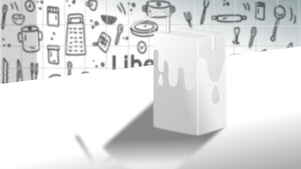 A box of silver and white drinks in a paper package with a transparent straw in it, line drawing on a tiled wall in the background, realistic minimal style vector illustration