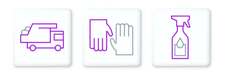 Set line Cleaning spray bottle, Garbage truck and Rubber gloves icon. Vector