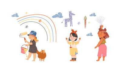 Cute kids painting on wall. Preschool girls using paint roller and crayons cartoon vector illustration