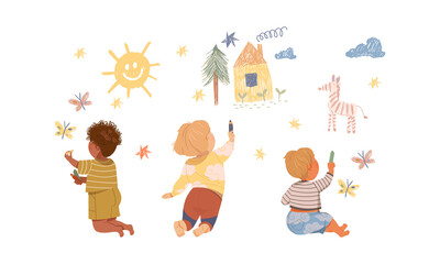 Cute kids drawing on wall. Back view of little children drawing with pencils cartoon vector illustration