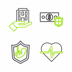 Set line Life insurance, with shield, Money and House hand icon. Vector
