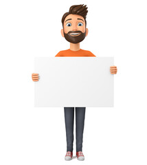 Cartoon character guy in orange t-shirt holding a blank board. 3d render illustration.