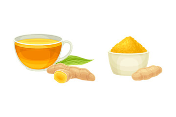 Cup of ginger tea and powder set. Aromatic herbal plant. Eco healthy superfood vector illustration