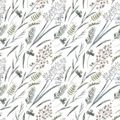 Greens seamless pattern with watercolor leaves and herbs on white background. Green background. Seamless background for fabric, textile, wallpaper.