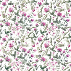 Delicate, watercolor pattern with wildflowers on white background. Pink clover flowers and greenery background. Floral watercolor textile print.