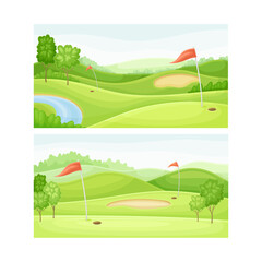 Golf courses at sunny day set. Green field, pond and red flags vector illustration