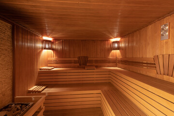 Interior of Finnish sauna. Wooden sauna cabin