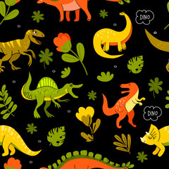 Seamless pattern with cute dinosaurs, plants. Suitable for children's wallpapers, packaging, textiles. Vector illustration. Flat design.