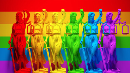 Rainbow Pride Vibrant LGBTQ Lady Justice Women Balance Statues Line Up 3d illustration render
