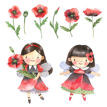 Cute, magical characters and flowers watercolor illustrations set. Fairies in red dresses, poppies garden fairies. Kids illustration, hand drawn, watercolor.