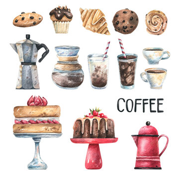 Set of hand-drawn watercolor illustrations of coffee and desserts. Croissants, muffins, cookies, milk, cappuccino, latte isolated elements for menu design, stickers, corporate identity.