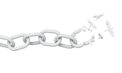 A chain breaking and turning into peace doves. Freedom concept. 3D Rendering