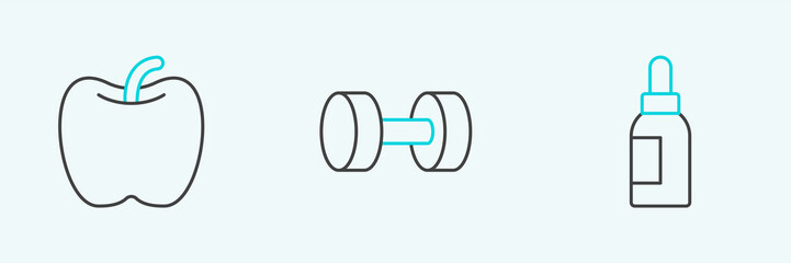 Set line Essential oil bottle, Apple and Dumbbell icon. Vector