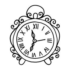 VECTOR VINTAGE TABLE CLOCK ISOLATED ON WHITE BACKGROUND. DOODLE DRAWING BY HAND