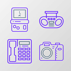 Set line Photo camera, Telephone handset, Home stereo with two speakers and Tetris icon. Vector