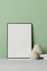 View room decor made up frame and vase on a green. Mockup 3d render