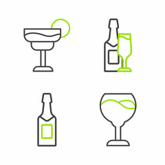 Set line Wine glass, Champagne bottle, and and Cocktail icon. Vector