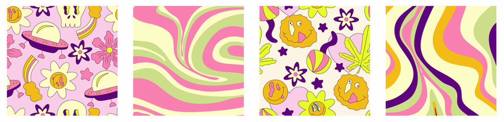Trippy trendy background set Psychedelic design. y2k, 70s, hippie style. Abstract floral illustration. Vector illustration design. Psychedelic groovy wave