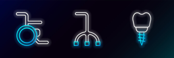 Set line Dental implant, Wheelchair and Walking stick cane icon. Glowing neon. Vector