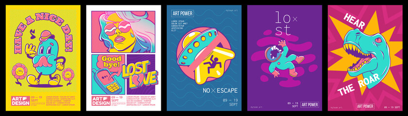 Naklejka premium Trendy retro posters for art design exhibition with symbols of ufo, dinosaur, spaceman, mushrooms and girl with long hair. Vector banners set with contemporary comic patches