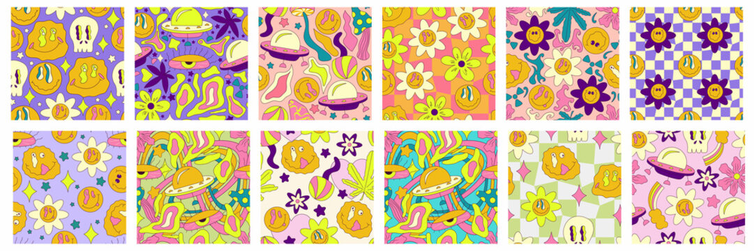 Trippy smile seamless pattern set with ufo, skull, daisy and rainbow. Psychedelic hippy groovy print. Good 60s, 70s, mood. Vector trippy crazy illustration. Smile face seamless pattern y2k style.