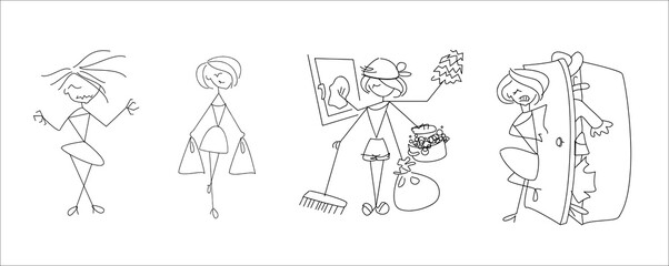 Set of emojis with women's feelings. Funny logos with women and their everyday stuff.