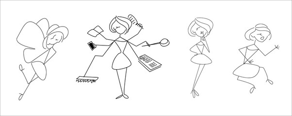 Set of emojis with women's feelings. Funny logos with women and their everyday stuff.