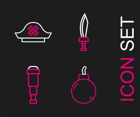 Set line Bomb ready to explode, Spyglass telescope lens, Pirate sword and hat icon. Vector