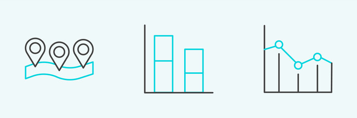 Set line Pie chart infographic, Location and Graph, chart, diagram icon. Vector
