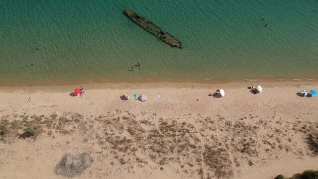 Panoramic aerial view over the shipwreck in Divari beach near Navarino bay, Gialova. It is one of the best beaches in mediterranean Europe located in Messinia, Greece
