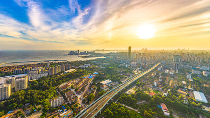 Fototapeta premium Haikou City Sunrise Aerial View, Hainan Province, China.