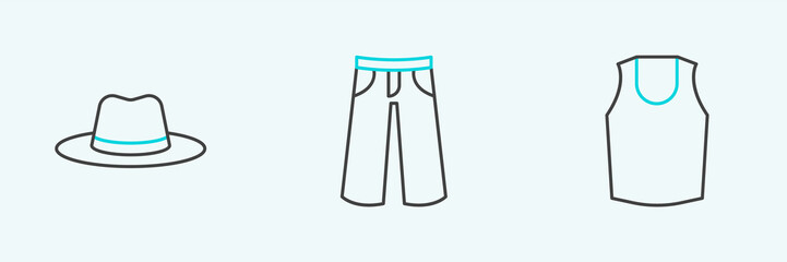Set line Undershirt, Man hat and Pants icon. Vector