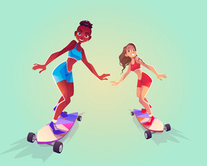 Fototapeta na wymiar Happy girls riding on skateboard. Vector cartoon isolated illustration of summer leisure, young african american and caucasian women skater on longboard, girlfriends together on vacation