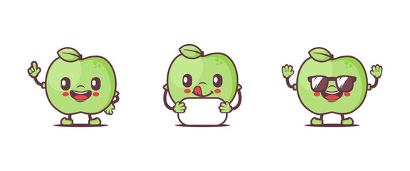 green apple cartoon mascot. fresh fruit vector illustration, with different poses and expressions