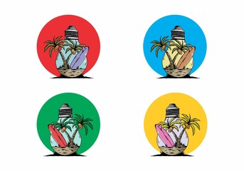 Coconut tree and surfing board in a bulb lamp illustration