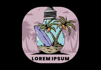Fototapeta premium Coconut tree and surfing board in a bulb lamp illustration