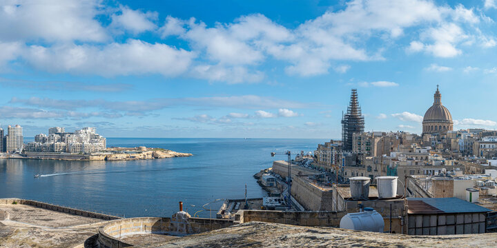 Panoramic view of Valletta harbor with Valletta old town and Sliema, Valletta, Malta.
