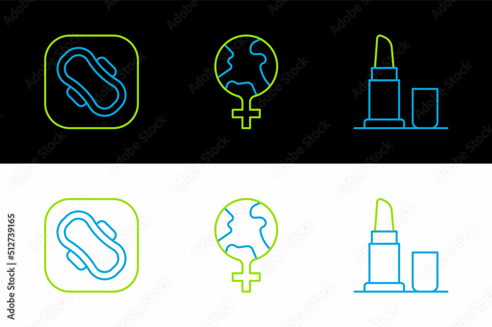 Sticker set line lipstick, sanitary napkin and feminism the world icon. vector