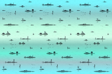 Dawn over the lake with islands, calm seamless pattern