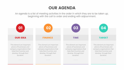 agenda infographic concept for slide presentation with 4 point list and box with horizontal direction
