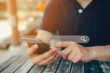 Data search technology search engine optimization with blank search bar, man hands working with laptop computer Searching  internet data information.