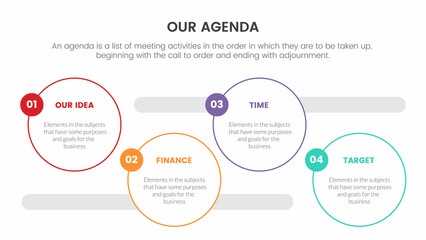 agenda infographic concept for slide presentation with 4 point list and circle horizontal direction