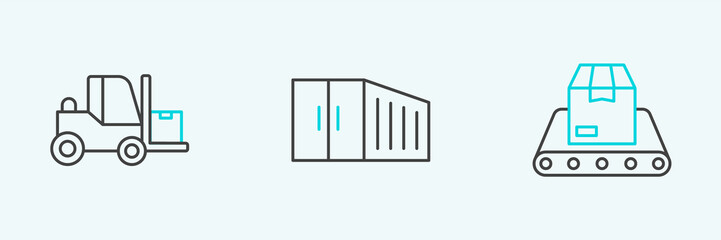 Set line Conveyor belt with box, Forklift truck and Container icon. Vector
